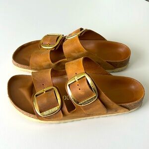Birkenstock Arizona Big Buckle Fl Mule  - Cognac - Leather Gold Buckle 10